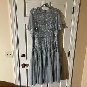 Mac Duggal Blue 93655 Beaded Sequin Midi Short Sleeve Gown